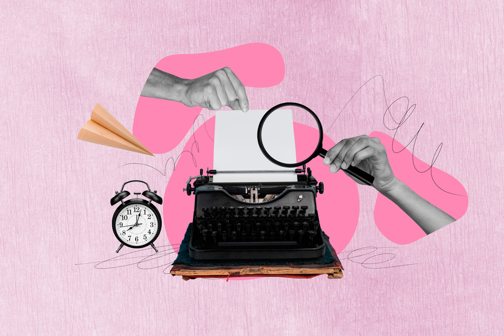 Collage of typewriter, hand holding magnifying glass, and clock