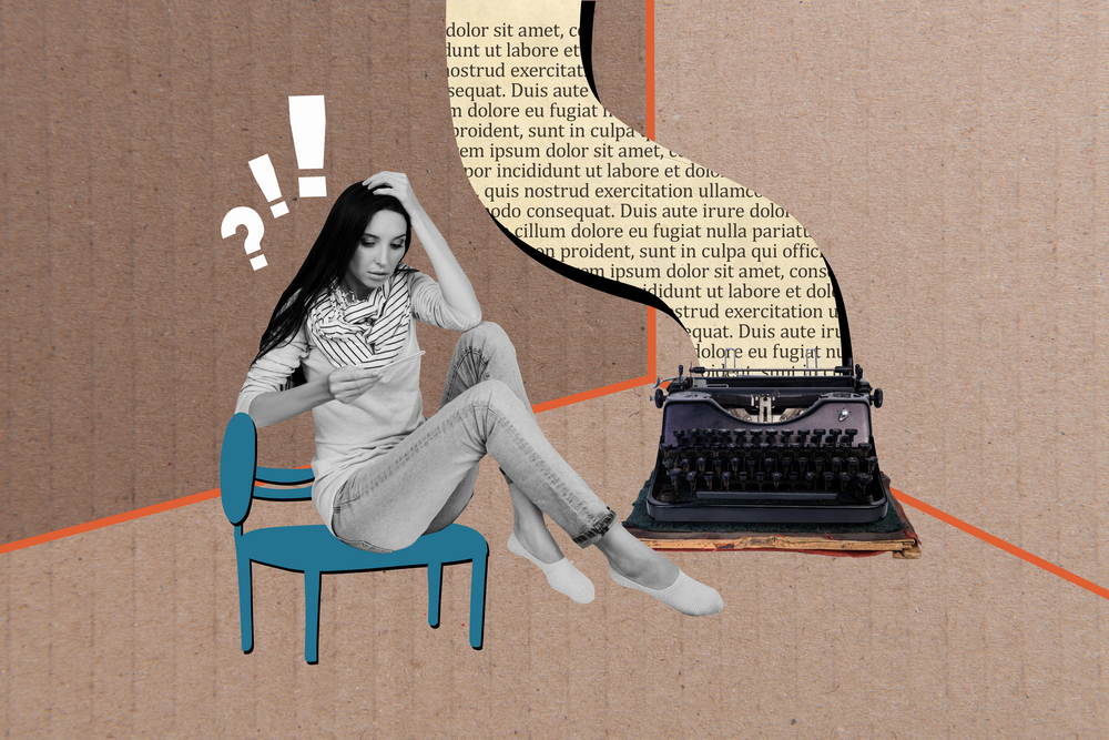 Collage of woman sitting on blue chair, next to typewriter with words streaming out