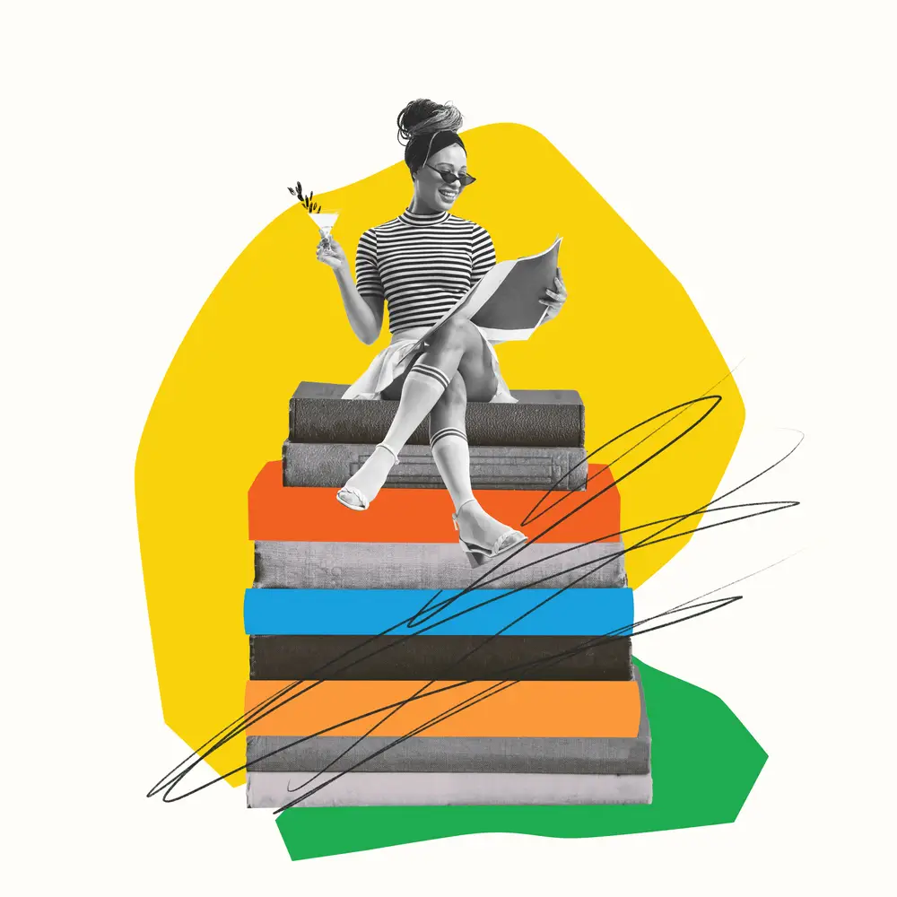 Collage art of woman sitting on a stack of books