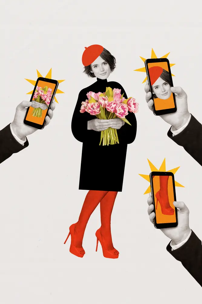 Collage photo of a woman with hands surroundering her, holding up cell phones