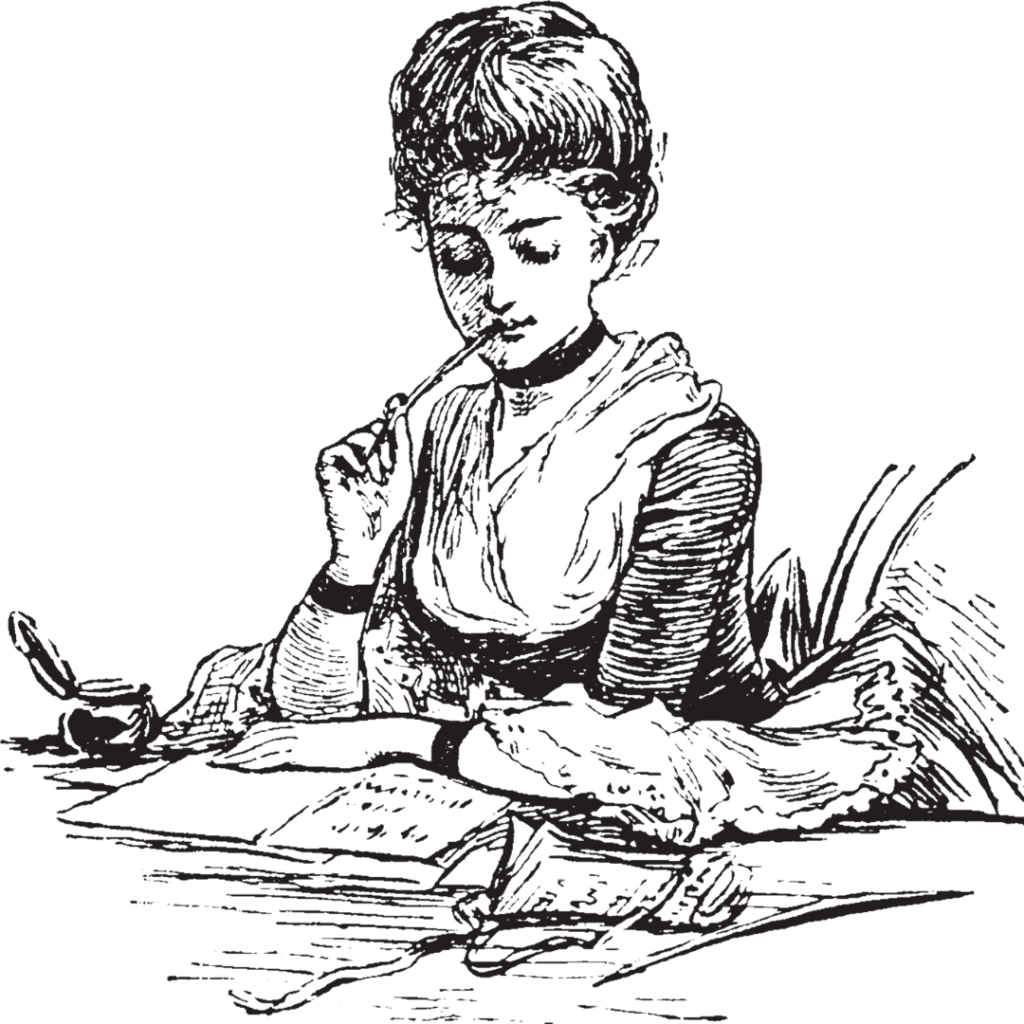 Vintage sketch o a woman sitting at a desk holding a pen