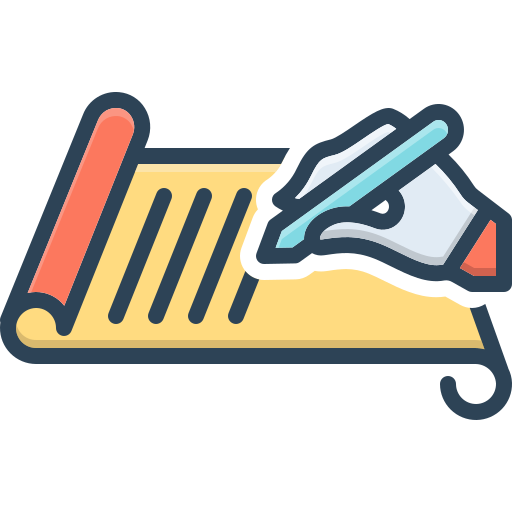 A vector image of a hand holding a blue pen and writing on a yellow tablet, to illustrate writing