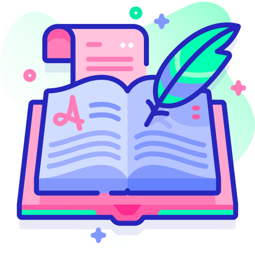 Vector illustration of a pink and purple book with a quill pen writing on the book, with stars in the background, to illustrate the writing process